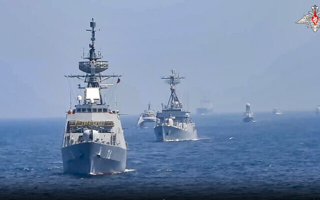 Image from video provide by the Russian Defense Ministry Press Service on March 18, 2023, shows warships during a Russia, China and Iran joint naval exercise in the Arabian Sea. (Russian Defense Ministry Press Service via AP, File)