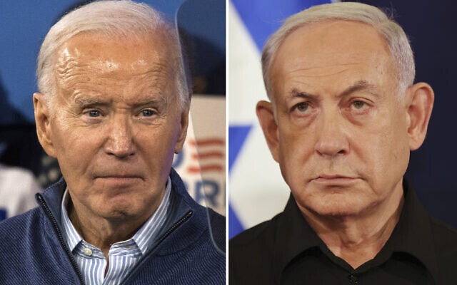 This combination photo shows US President Joe Biden, left, on March 8, 2024, in Wallingford, Pennsylvania, and Prime Minister Benjamin Netanyahu in Tel Aviv, Oct. 28, 2023 (AP Photo)