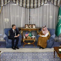 US Secretary of State Antony Blinken meets Saudi Arabia's Foreign Minister Prince Faisal bin Farhan Al-Saud in Jeddah, Saudi Arabia, Wednesday, March 20, 2024. (Evelyn Hockstein/Pool Photo via AP)