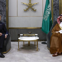 US Secretary of State Antony Blinken meets Saudi Crown Prince Mohammed bin Salman in Jeddah, Saudi Arabia, March 20, 2024. (Evelyn Hockstein/Pool Photo via AP)