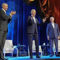 US President Joe Biden and former presidents Barack Obama and Bill Clinton participate in a fundraising event at Radio City Music Hall, Thursday, March 28, 2024, in New York. (AP/Alex Brandon)