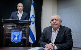 File - War cabinet ministers Gadi Eisenkot (right) and Benny Gantz hold a press conference at the Knesset, in Jerusalem, February 26, 2024. (Chaim Goldberg/Flash90)