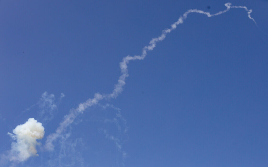 A view of the trail left in the sky by a Patriot interceptor missile, as seen in the northern city of Safed, on March 28, 2024. (David Cohen/Flash90)