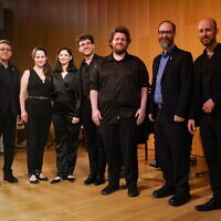 David Sasso, second from right, and musicians at the premiere of “Zakhor: A Requiem for October 7,” at the ANU Museum in Tel Aviv, on March 21, 2024. (Yoav Shapiro/courtesy)