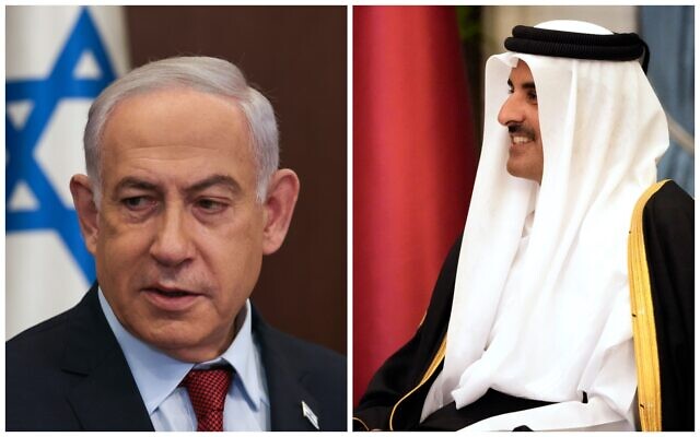 Prime Minister Benjamin Netanyahu (L) at the Prime Minister's office in Jerusalem, on December 10, 2023. 
Qatar's Emir Sheikh Tamim bin Hamad al-Thani at Lusail Palace, in Doha on February 6, 2024. (Ronen Zvulun/AP, Mark Schiefelbein/AFP)