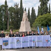 Nisan Zeevi, far right, with other Lobby 1701 members at a ceremony to commemorate the battle of Tel Hai in 1920 on March 21, 2024. (Courtesy)