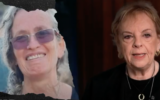 Former Supreme Court president Dorit Beinisch, right, with picture of murdered captive Maya Goren in video for International Women's Day, March 8, 2024 (Screen capture: YouTube, used in accordance with Clause 27a of the Copyright Law)