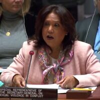 Pramila Patten, the UN special representative on sexual violence in conflict, addresses the UN Security Council on March 11, 2024. (Screen capture)