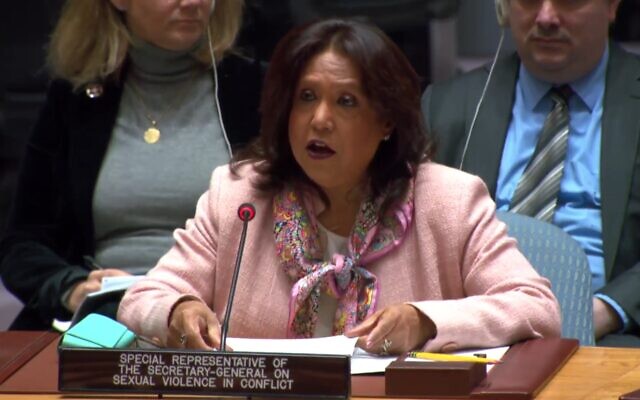 Pramila Patten, the UN special representative on sexual violence in conflict, addresses the UN Security Council on March 11, 2024. (Screen capture)