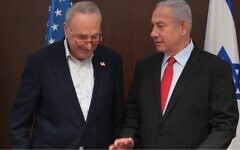 File - Senate Majority Leader Chuck Schumer (left), a New York Democrat, meets with Prime Minister Benjamin Netanyahu in Jerusalem, Feb. 23, 2021. (Amos Ben-Gershom/Israel Government Press Office)