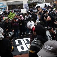 Pro-Palestinian activists outside Columbia University, February 2, 2024. (Luke Tress/JTA)