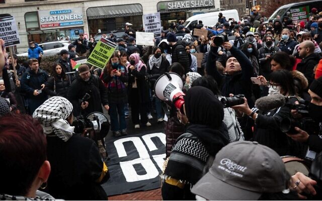 Pro-Palestinian activists outside Columbia University, February 2, 2024. (Luke Tress/JTA)