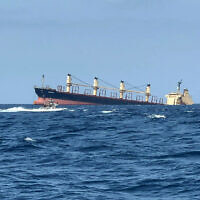 This picture taken on February 27, 2024, shows the Rubymar cargo ship sinking off the coast of Yemen. (AFP)