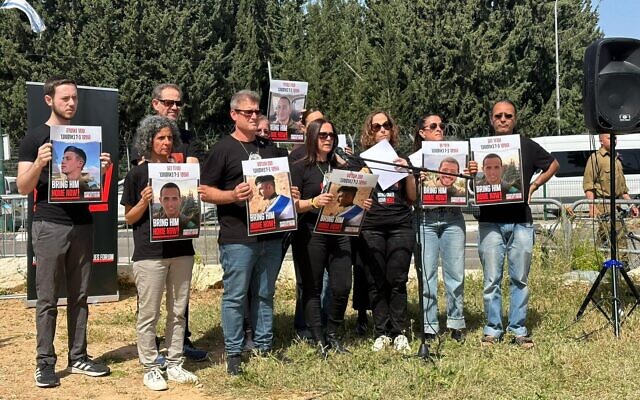Families of IDF soldiers held hostage by terror groups in Gaza since October 7 hold a press conference at the IDF recruiting offices in Tel Hashomer, near Tel Aviv, March 28, 2024. (Hostages and Missing Families Forum)