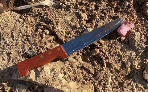 This handout image from the IDF shows the knife used in a stabbing attack at Yizhar Junction in the West Bank on March 5, 2024. (Israel Defense Forces)