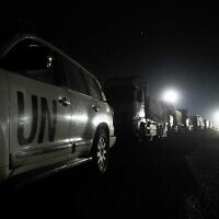 A UN aid convoy enters north Gaza via a new military road used by the IDF along the Gaza border, March 11, 2024. (Israel Defense Forces)