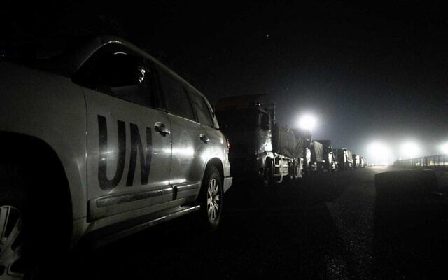 A UN aid convoy enters north Gaza via a new military road used by the IDF along the Gaza border, March 11, 2024. (Israel Defense Forces)