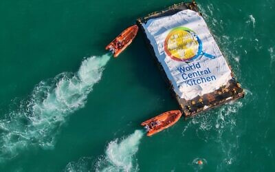 Illustrative: Aid from World Central Kitchen boat off the coast of Gaza on March 15, 2024. (Israel Defense Forces)