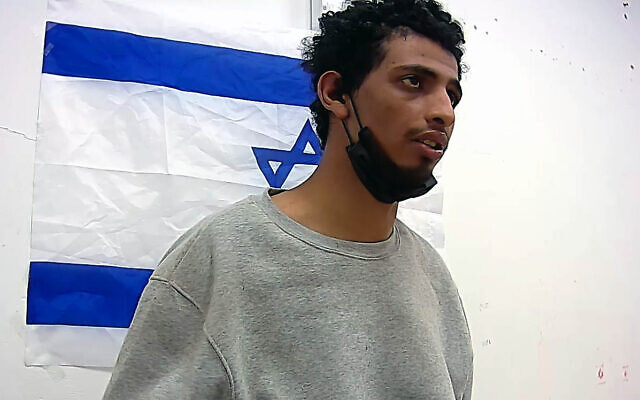 A screenshot from an IDF interrogation video of captured Palestinian Islamic Jihad terrorist Manar Qassem, who confesses to raping an Israeli woman in the October 7 attack, March 28, 2024. (Screenshot, Israel Defense Forces)