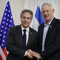 War cabinet minister Benny Gantz, right, meets with US Secretary of State Antony Blinken in Tel Aviv, March 22, 2024. (Courtesy)