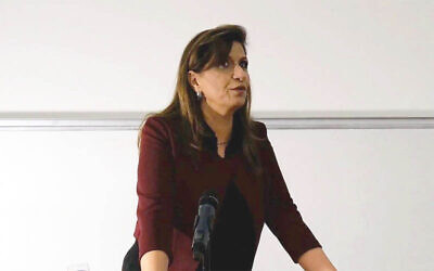 File - Nadera Shalhoub-Kevorkian, professor of social work and law at the Hebrew University of Jerusalem, during a presentation. (YouTube screenshot; used in accordance with clause 27a of the copyright law)