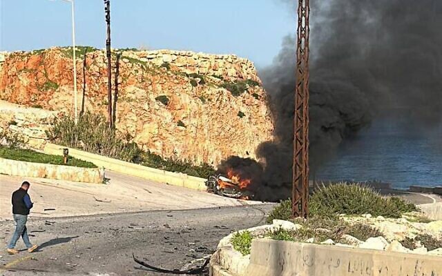 The scene of an alleged airstrike on a car in south Lebanon on March 2, 2024 (Twitter/Used in accordance with Clause 27a of the Copyright Law)