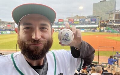 Eitan Levine threw out the ceremonial first pitch at the Hartford Yard Goats game, April 10, 2024, in Hartford, Connecticut. (Courtesy via JTA)