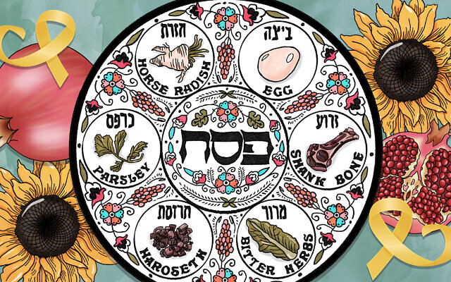 Pomegranates, flowers and yellow ribbons are among the new Passover ritual items some Jewish families are bringing to their seders this year. (Design by Mollie Suss/JTA)