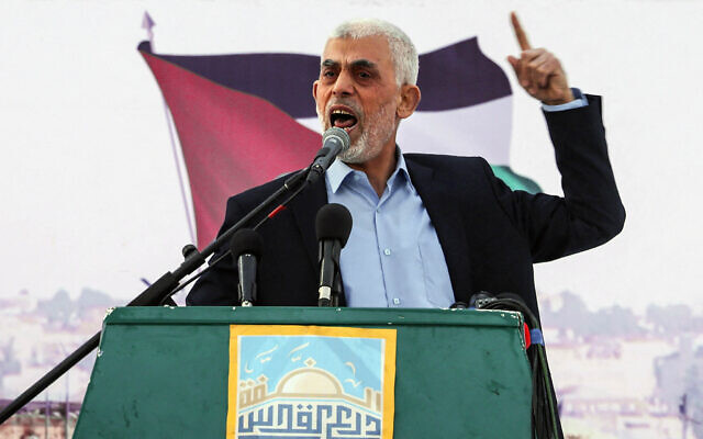 Illustrative: Hamas leader in the Gaza Strip Yahya Sinwar speaks during a rally marking Al-Quds (Jerusalem) Day, in Gaza City, April 14, 2023. (Mohammed Abed / AFP)