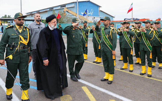Iranian President Ebrahim Raisi (3rd L) visiting the navy base of the Iranian Revolutionary Guards Corps (IRGC), in Bandar Abbas, southern Iran, in a picture released on February 2, 2024. (Iranian Presidency/ AFP)