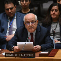 Palestinian Ambassador to the United Nations Riyad Mansour speaks during a UN Security Council meeting on the situation in the Middle East, including the Palestinian question, at the UN headquarters in New York on March 25, 2024.(Angela Weiss/AFP)