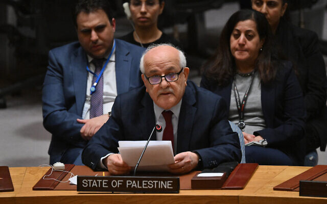 File: Palestinian Ambassador to the United Nations Riyad Mansour speaks during a session of the United Nations Security Council, at the UN headquarters in New York, March 25, 2024. (Angela Weiss/AFP)