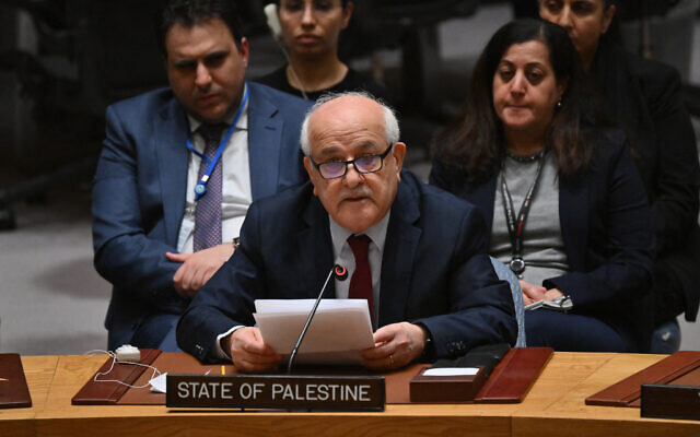 Palestinian United Nations envoy Riyad Mansour speaks during a UN Security Council meeting on the situation in the Middle East, at the UN headquarters in New York on March 25, 2024. (Angela Weiss/AFP)
