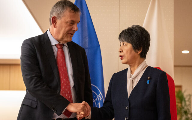 Japan's Foreign Minister Yoko Kamikawa (R) and UNRWA Commissioner General Philippe Lazzarini (L) prior to a meeting at the Ministry of Foreign Affairs in Tokyo on March 28, 2024. (Yuichi Yamazaki/AFP)