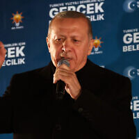 Turkish President Recep Tayyip Erdogan delivers a speech in Ankara on April 1, 2024. (Adem Altan/AFP)