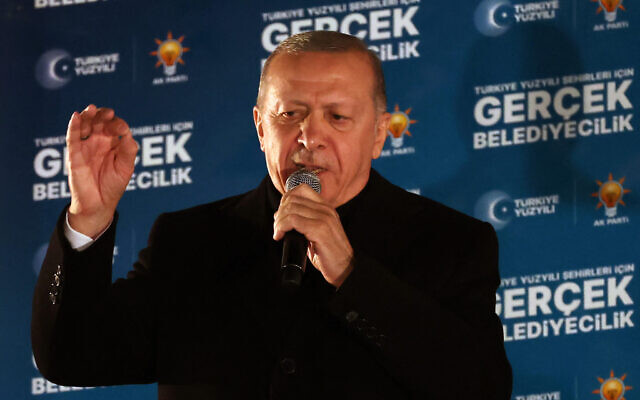 Turkish President Recep Tayyip Erdogan delivers a speech in Ankara on April 1, 2024. (Adem Altan/AFP)