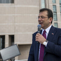 Istanbul Mayor Ekrem Imamoglu of the main center-left opposition Republican People's Party (CHP) receives official mandate to serve five more years in Istanbul on April 3, 2024. (Yasin Akgul/AFP)