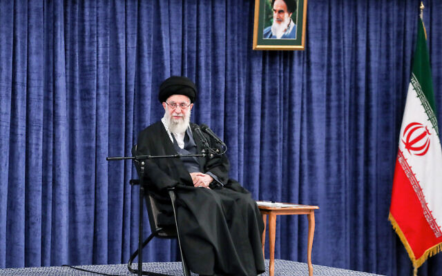 A handout picture provided by the office of Iran's Supreme Leader Ayatollah Ali Khamenei shows him meeting with politicians and government officials in Tehran on April 3, 2024. (KHAMENEI.IR / AFP)