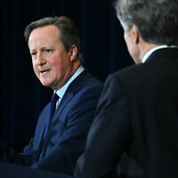British Foreign Secretary David Cameron speaks during a joint press conference with US Secretary of State Antony Blinken, right, at the State Department in Washington, DC, on April 9, 2024. (Mandel Ngan/AFP)