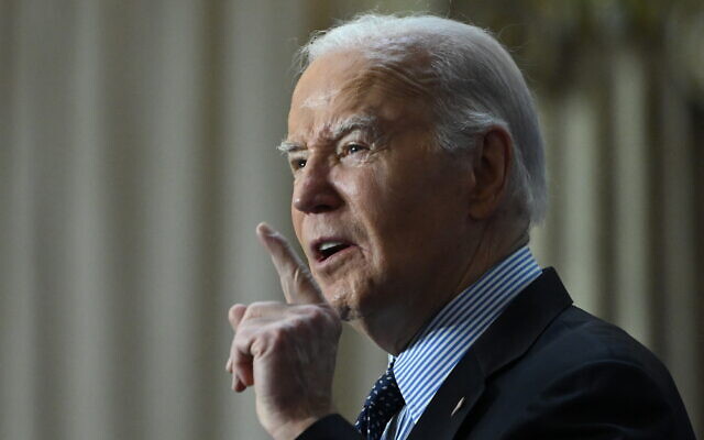 US President Joe Biden speaks at Union Station in Washington on April 9, 2024. (Andrew Caballero-Reynolds/AFP)