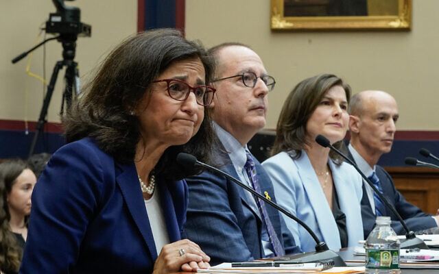 (L-R) President of Columbia University Dr. Nemat (Minouche) Shafik, Dean Emeritus of Columbia Law School David Schizer, Columbia University Board of Trustees Co-Chair Claire Shipman, and Columbia University Board of Trustees Co-Chair David Greenwald testify during a House Committee on Education and the Workforce hearing about antisemitism on college campuses, on Capitol Hill in Washington, DC, on April 17, 2024. (Drew ANGERER / AFP)