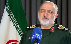 The head of Iran's Nuclear Protection and Security Corps Ahmad Haghtalab threatens to revise Iran's nuclear doctrine, and to target Israel's nuclear facilities if it strikes Iranian nuclear sites, during a televised interview, April 18, 2024. (IRIB/AFP)