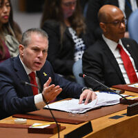Israeli Ambassador to the UN Gilad Erdan speaks during a United Nations Security Council meeting on the situation in the Middle East at UN headquarters in New York City on April 18, 2024. (Angela Weiss/AFP)