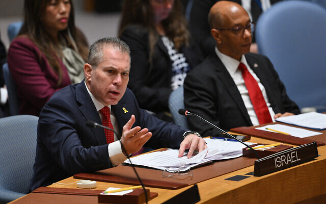 File - Israeli Ambassador to the UN Gilad Erdan speaks during a United Nations Security Council meeting on the situation in the Middle East at UN headquarters in New York City on April 18, 2024. (Angela Weiss/AFP)