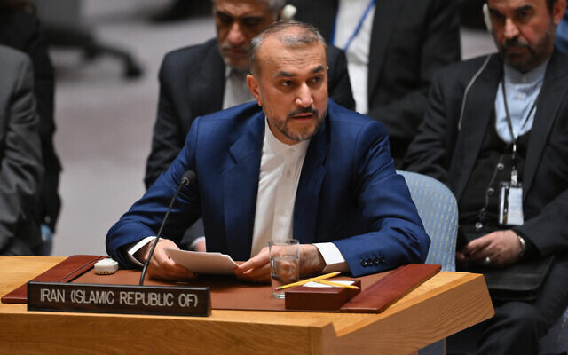 Iranian Foreign Minister Hossein Amir-Abdollahian speaks during a UN Security Council meeting on the situation in the Middle East at UN headquarters in New York City on April 18, 2024. (Angela Weiss/AFP)