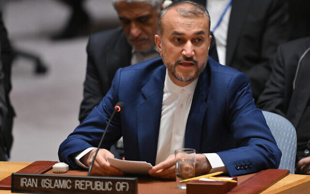 Iran's Foreign Minister Hossein Amir-Abdollahian speaks during a UN Security Council meeting on the situation in the Middle East at UN headquarters in New York City on April 18, 2024. (Angela Weiss/AFP)