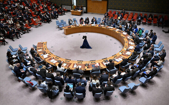 The United Nations Security Council meets on the situation in the Middle East, at UN headquarters in New York City on April 18, 2024. (Angela Weiss/AFP)