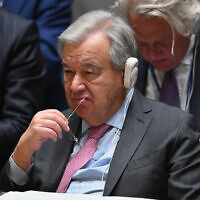UN Secretary-General Antonio Guterres listens during a UN Security Council meeting on the situation in the Middle East at UN headquarters in New York City on April 18, 2024. (Angela Weiss/AFP)