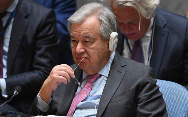 UN Secretary-General Antonio Guterres listens during a UN Security Council meeting on the situation in the Middle East at UN headquarters in New York City on April 18, 2024. (Angela Weiss/AFP)