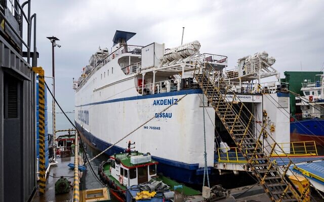 File: The Akdeniz RoRo, part of the Freedom Flotilla Coalition, is loaded with goods as it is anchored in Tuzla seaport, near Istanbul on April 19, 2024. (Yasin Akgul/AFP)